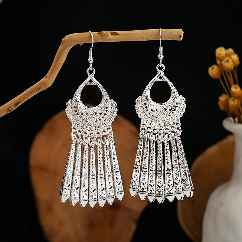 Ethnic Silver Color Long Leaf Dangle Earrings