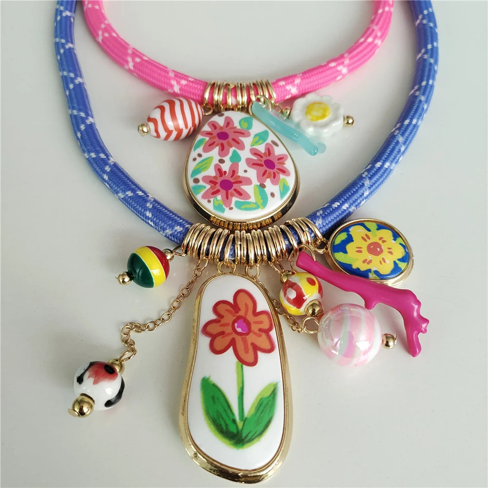 Colorful Dopamine Pink Blue Cord Choker Necklace
