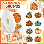 1 Roll 500Pcs Fall Hand Drawn Pumpkin Stickers