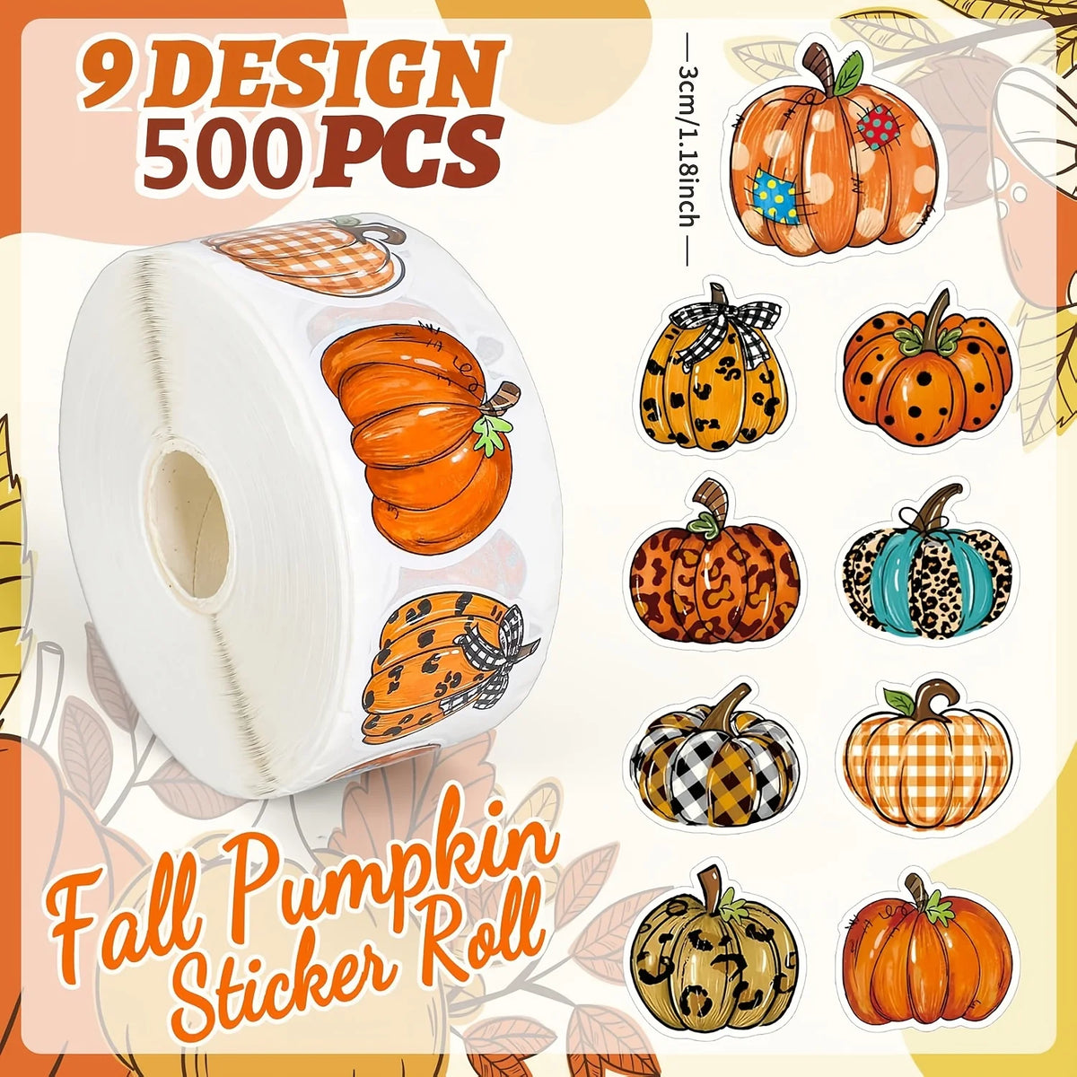 1 Roll 500Pcs Fall Hand Drawn Pumpkin Stickers