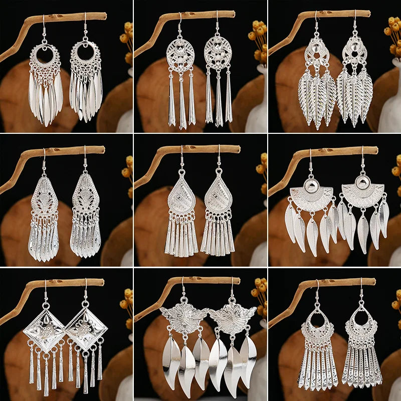 Ethnic Silver Color Long Leaf Dangle Earrings