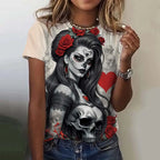 Fashion Women's T-shirt for Girls Short Sleeve Day of the Dead Undead Skull