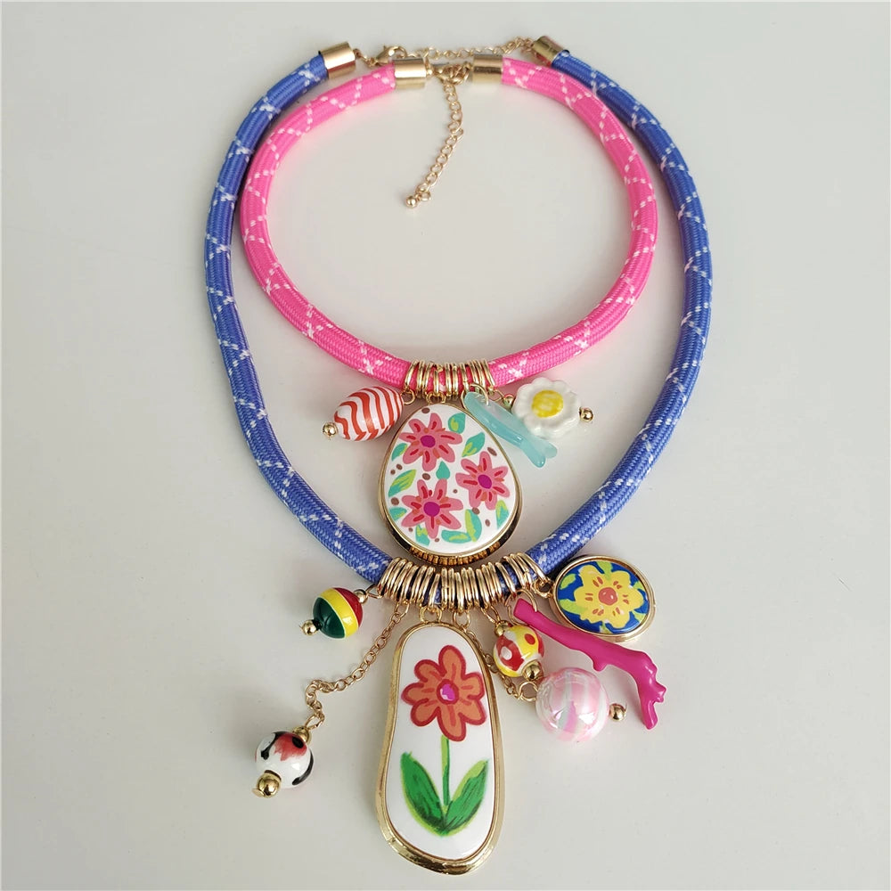 Colorful Dopamine Pink Blue Cord Choker Necklace