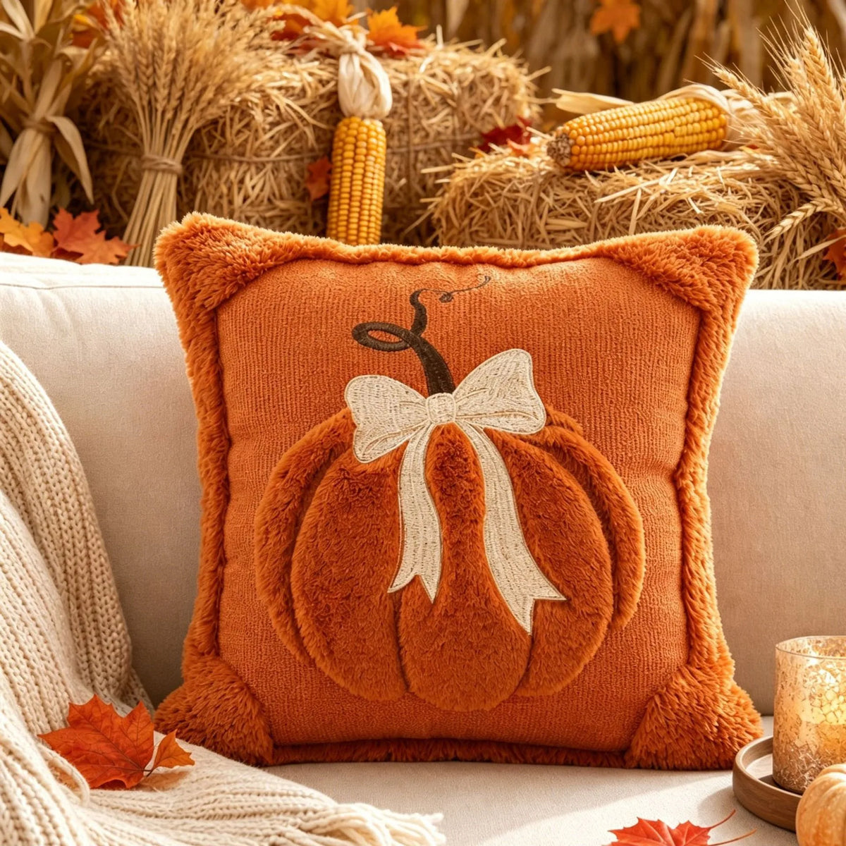 1PC Plush Pumpkin Bow Decorated Pillow Covers