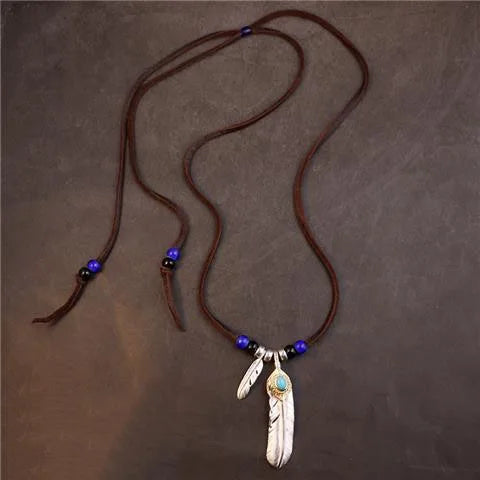 Retro Style Feather Turquoise Pendant Leather Rope Necklace