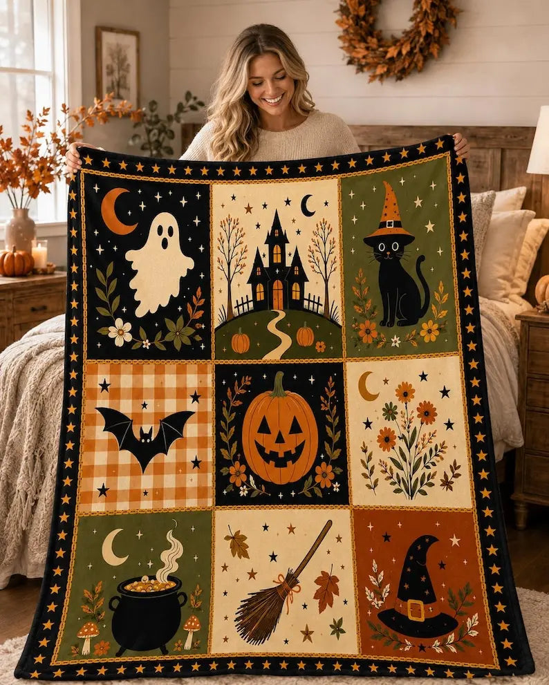Vintage Halloween Patchwork Throw Blanket