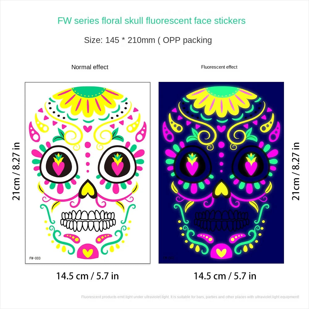 Waterproof Fluorescent Temporary Tattoo Stickers Day of the Dead