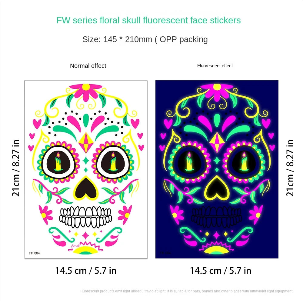 Waterproof Fluorescent Temporary Tattoo Stickers Day of the Dead