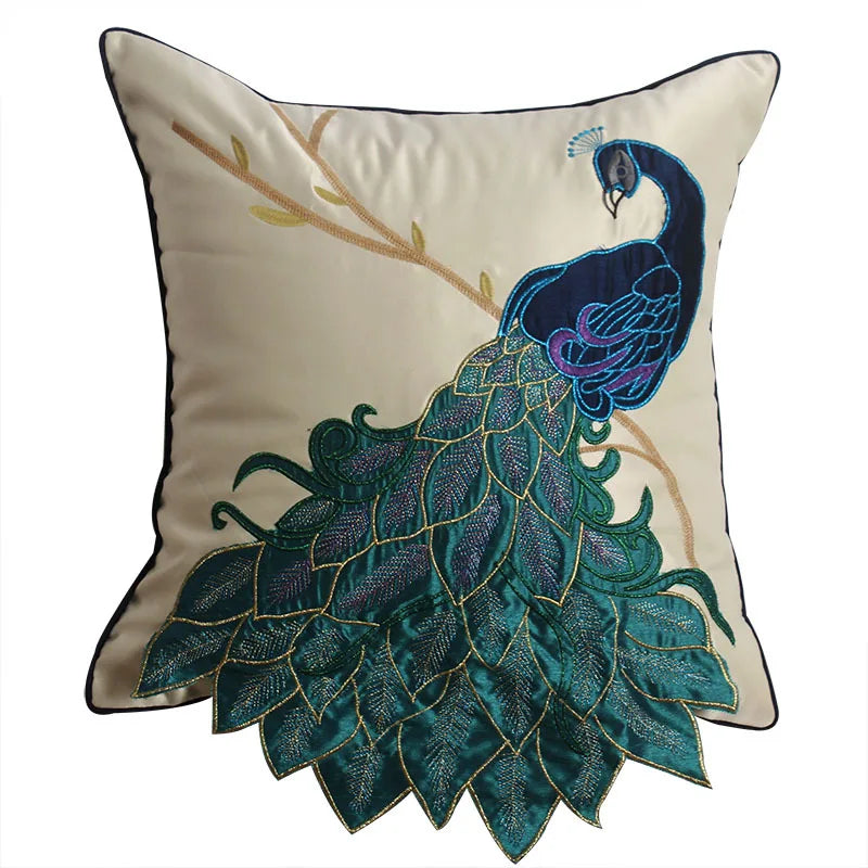 Embroidered Peacock Pillow