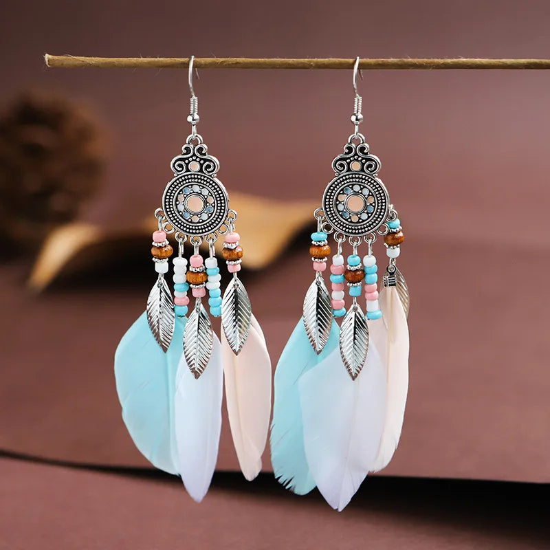 Ethnic Long Tassels Feather Drop Earrings