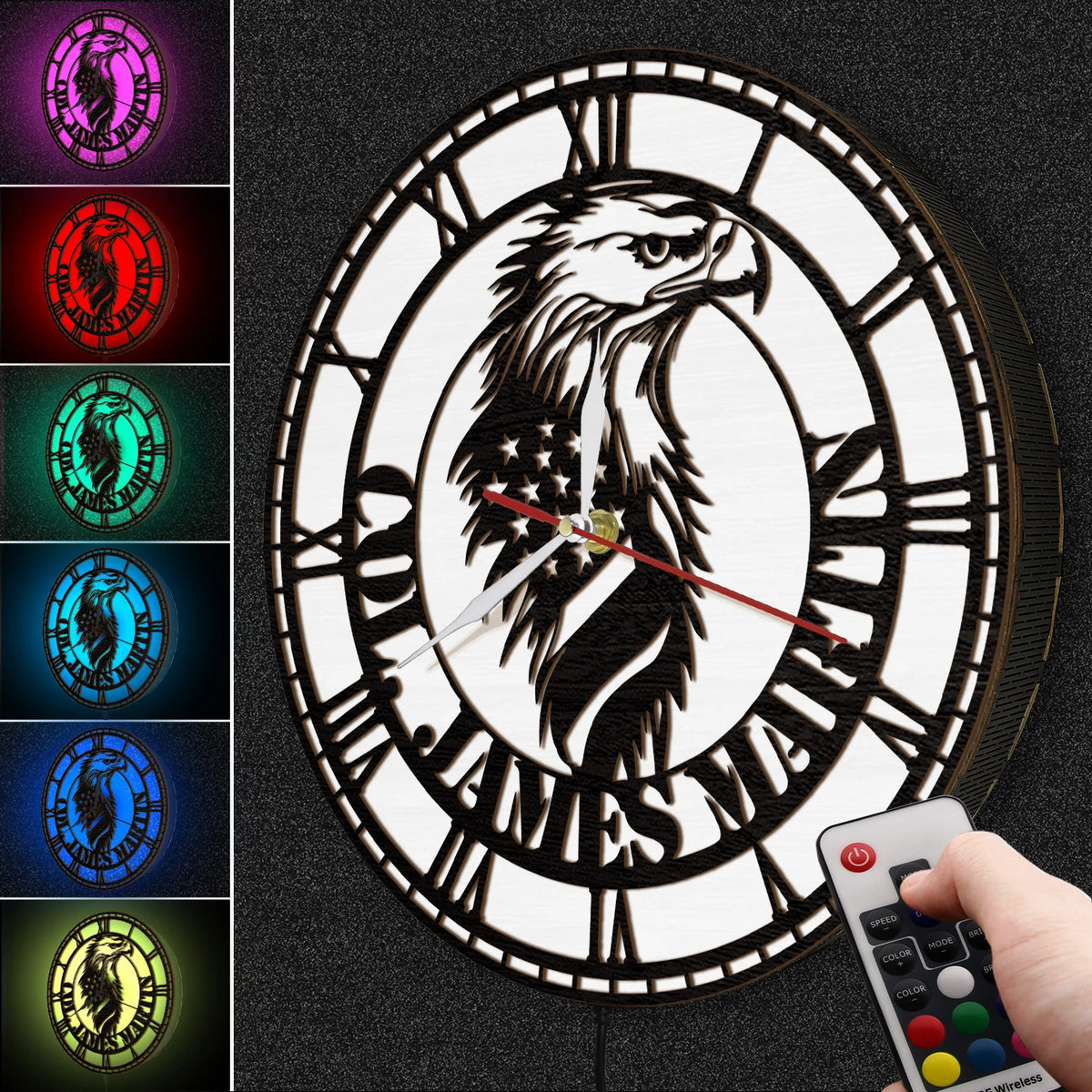 USA Flag American Eagle Wooden Wall Clock with LED Backlight