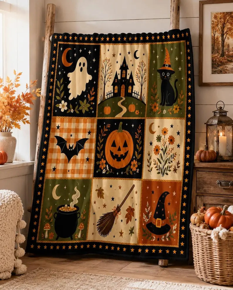 Vintage Halloween Patchwork Throw Blanket