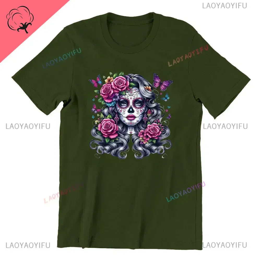 Skull T-Shirt La Catrina Girl with Purple Roses Dia De Los Muertos Day of The Dead
