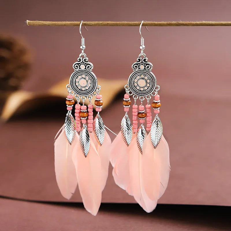 Ethnic Long Tassels Feather Drop Earrings