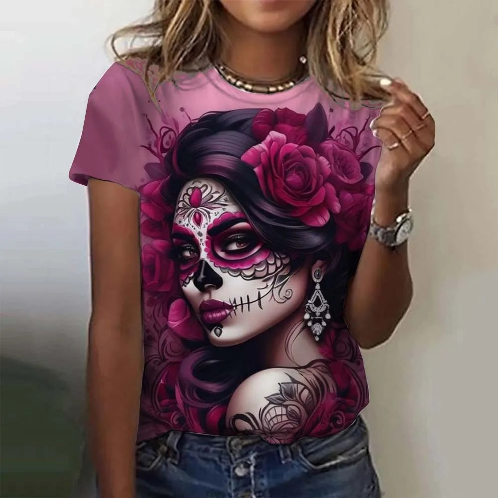 Fashion Women's T-shirt for Girls Short Sleeve Day of the Dead Undead Skull