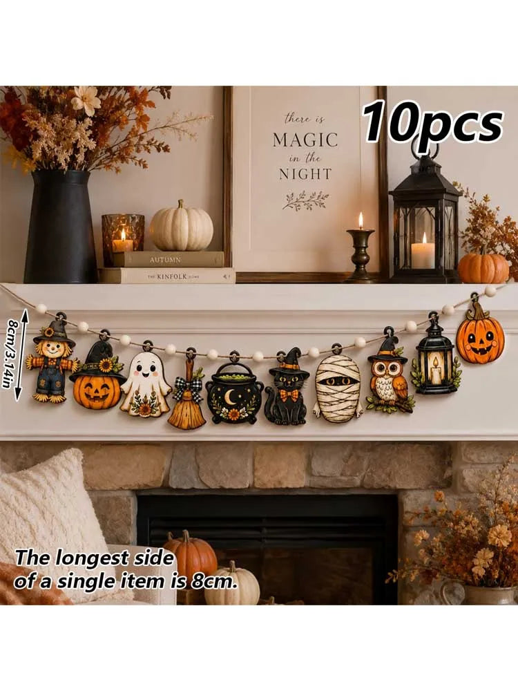 10Pcs Vintage Halloween Wooden Garland