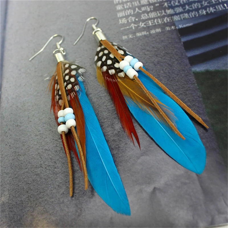 1Pair Tassel Dangling Earrings Colorful Feather Leather