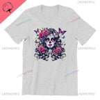 Skull T-Shirt La Catrina Girl with Purple Roses Dia De Los Muertos Day of The Dead