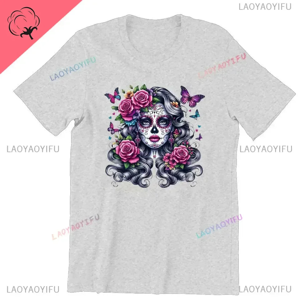 Skull T-Shirt La Catrina Girl with Purple Roses Dia De Los Muertos Day of The Dead