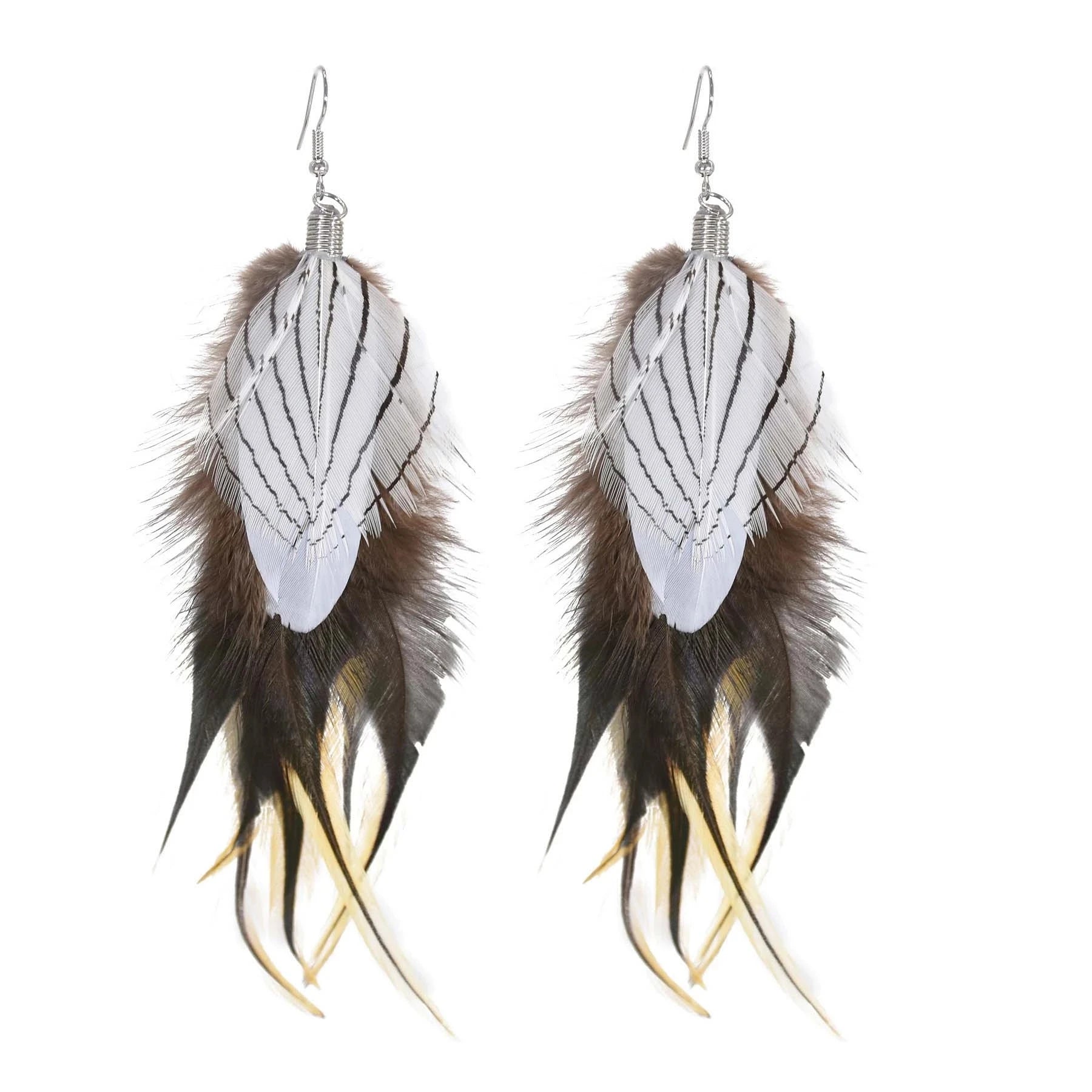 Brown Blue Feather Tassel Earrings