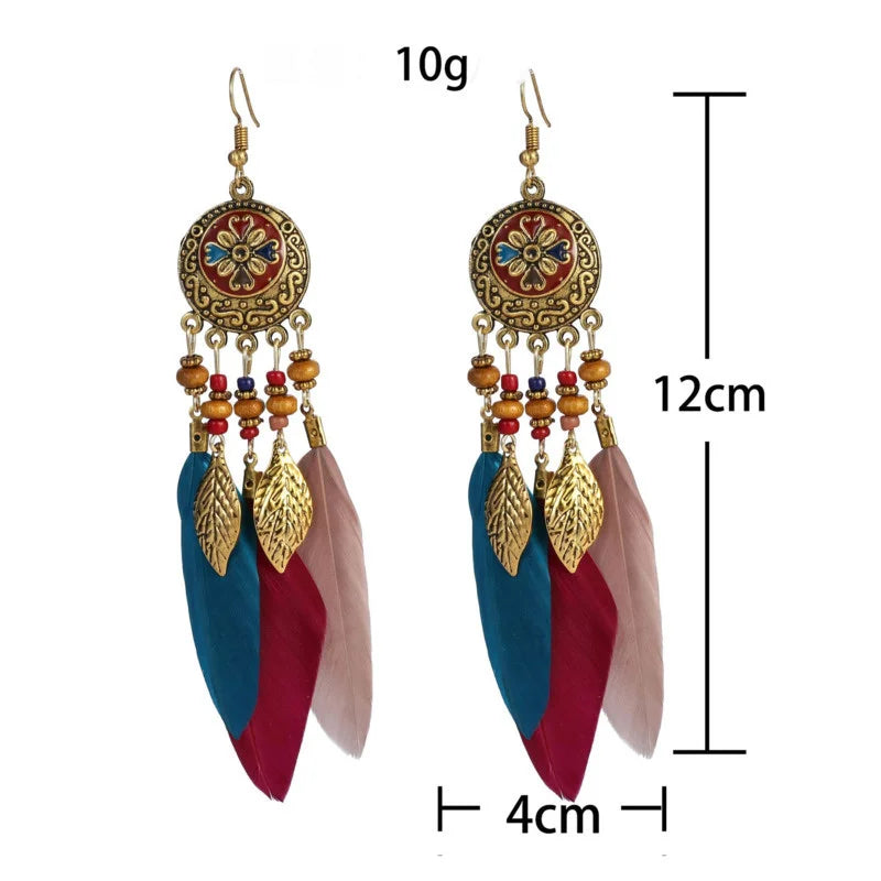 Native Vintage Jewelry Feather Tassel Long Earrings