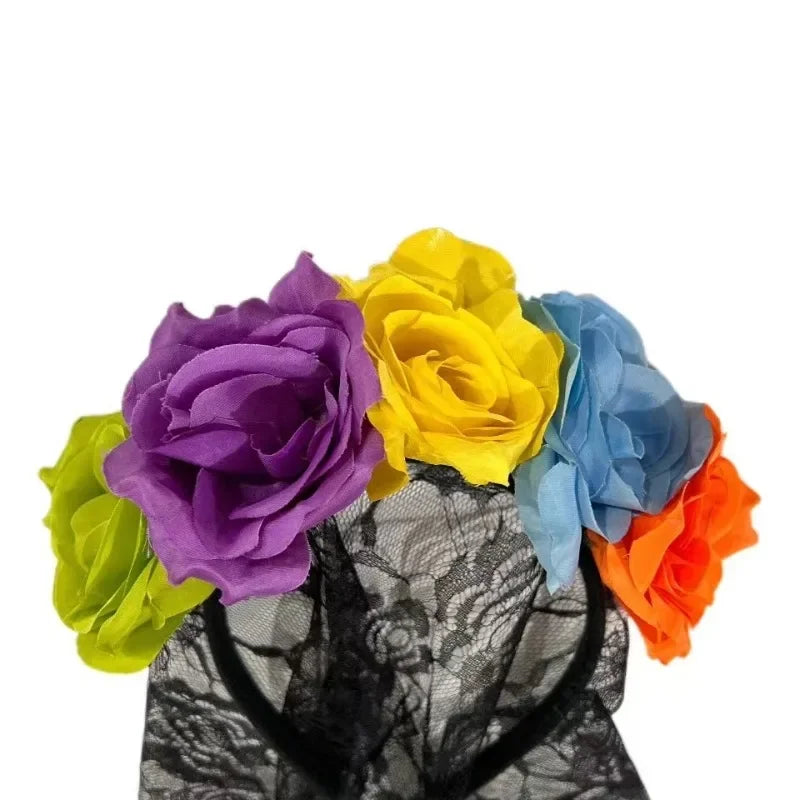 1PCS Black Veil Rose Flower Headband Day of The Dead Party