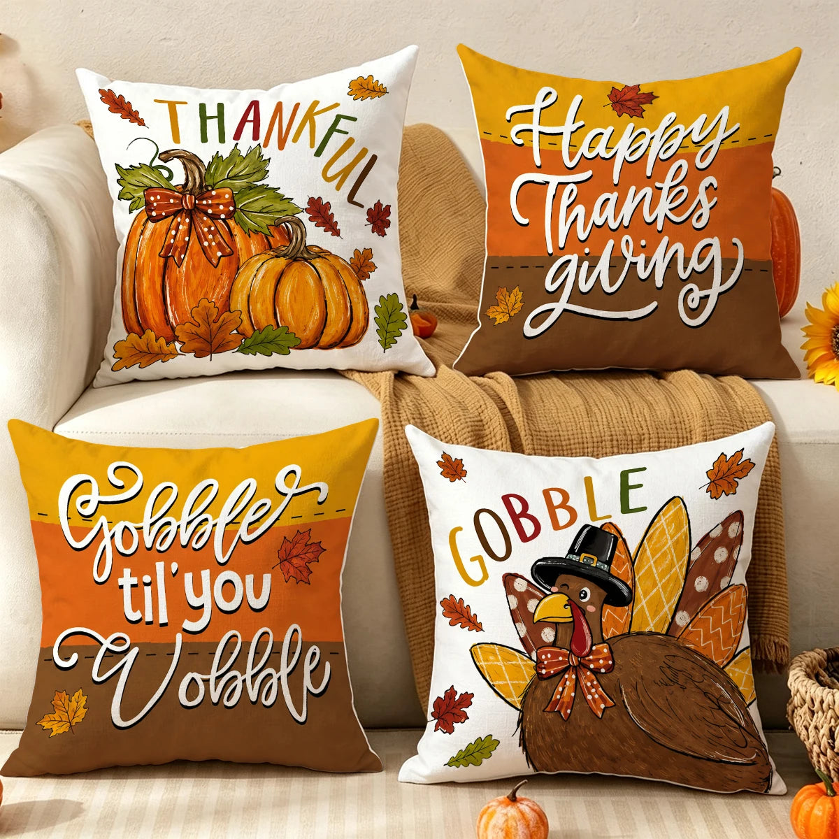 4pcs Autumn Thanksgiving Pillow Cover