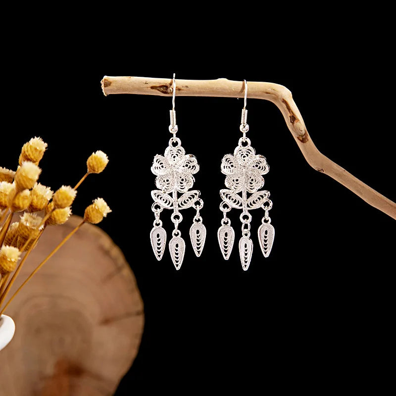 Ethnic Silver Color Long Leaf Dangle Earrings
