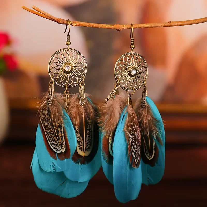 Native Vintage Jewelry Feather Tassel Long Earrings
