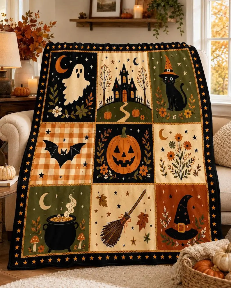 Vintage Halloween Patchwork Throw Blanket