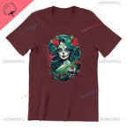 Skull T-Shirt La Catrina Girl with Purple Roses Dia De Los Muertos Day of The Dead