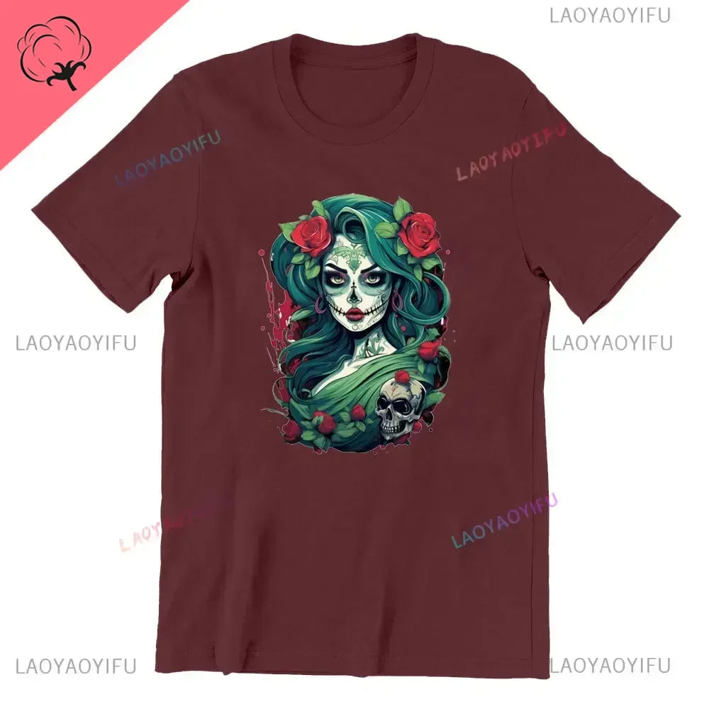 Skull T-Shirt La Catrina Girl with Purple Roses Dia De Los Muertos Day of The Dead