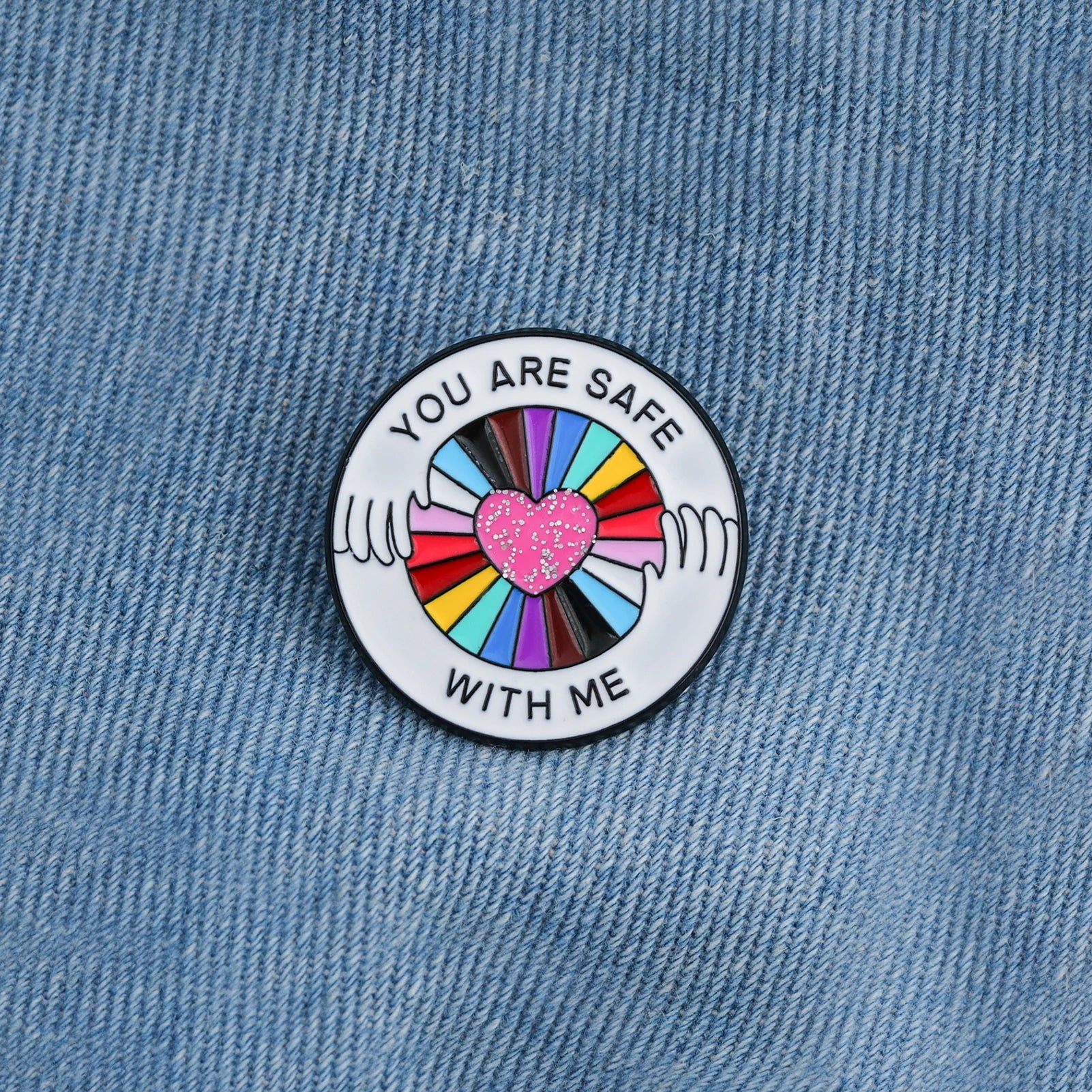 You Are Safe With Me Rainbow Glitter Heart Enamel Pin LGBTQ