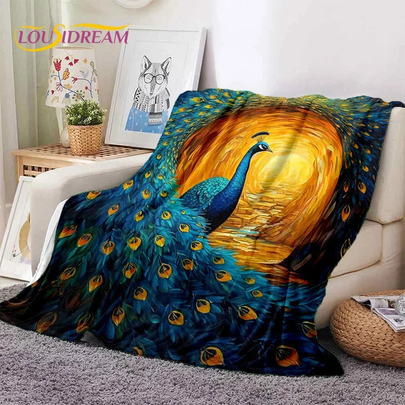Cute Dream Birds Parrot Peacock Cartoon Soft Flannel Blanket