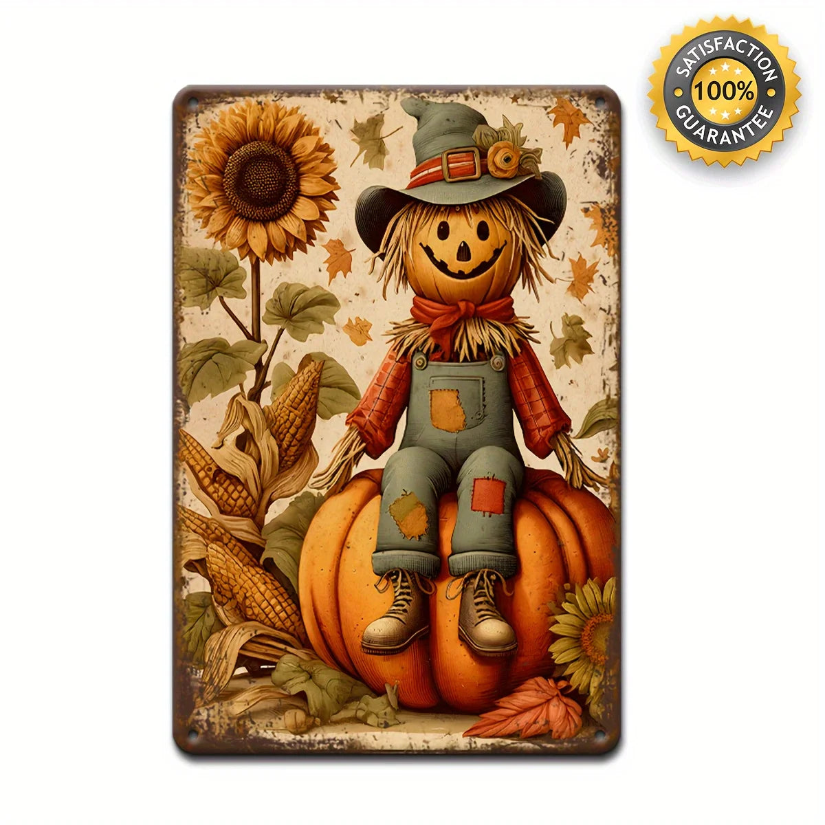 Vintage Fall Scarecrow & Pumpkin Metal Sign