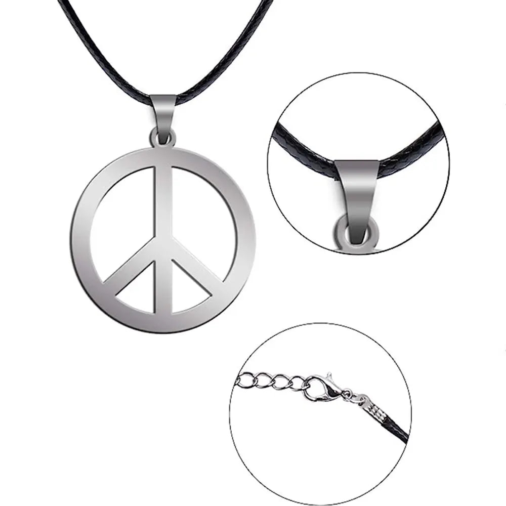 Black Leather Peace Sign Symbol Pendant Necklace