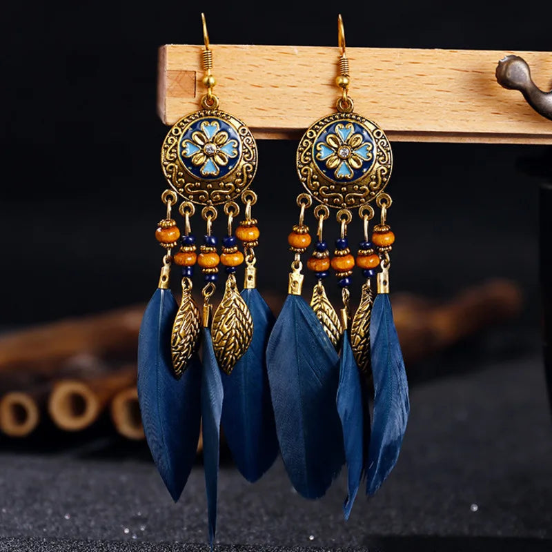 Native Vintage Jewelry Feather Tassel Long Earrings