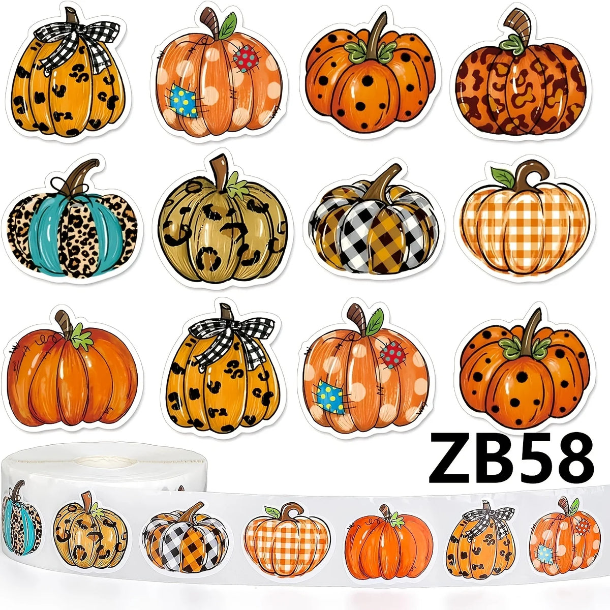 1 Roll 500Pcs Fall Hand Drawn Pumpkin Stickers