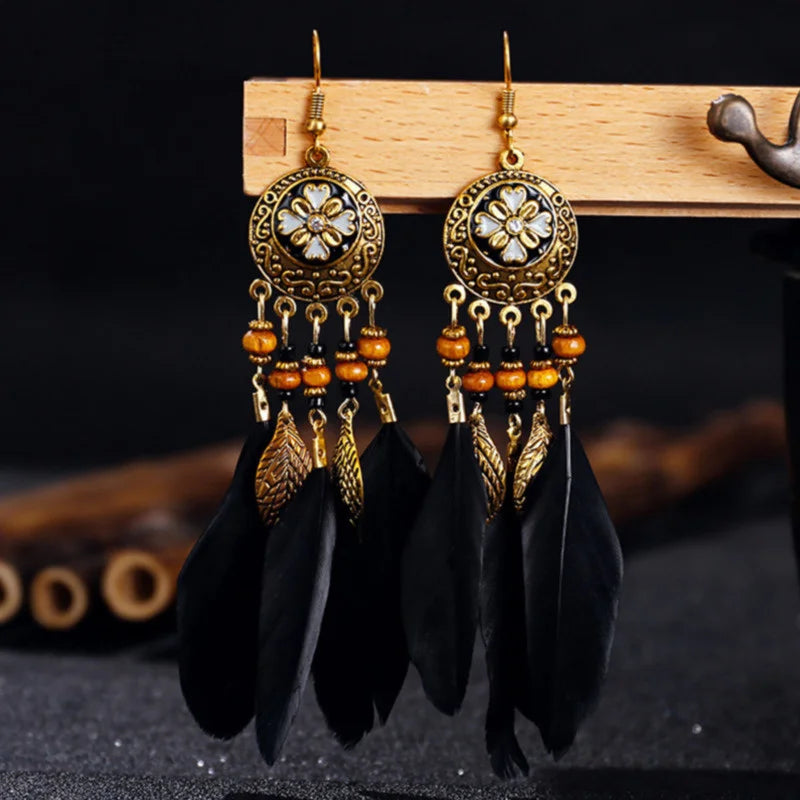 Native Vintage Jewelry Feather Tassel Long Earrings