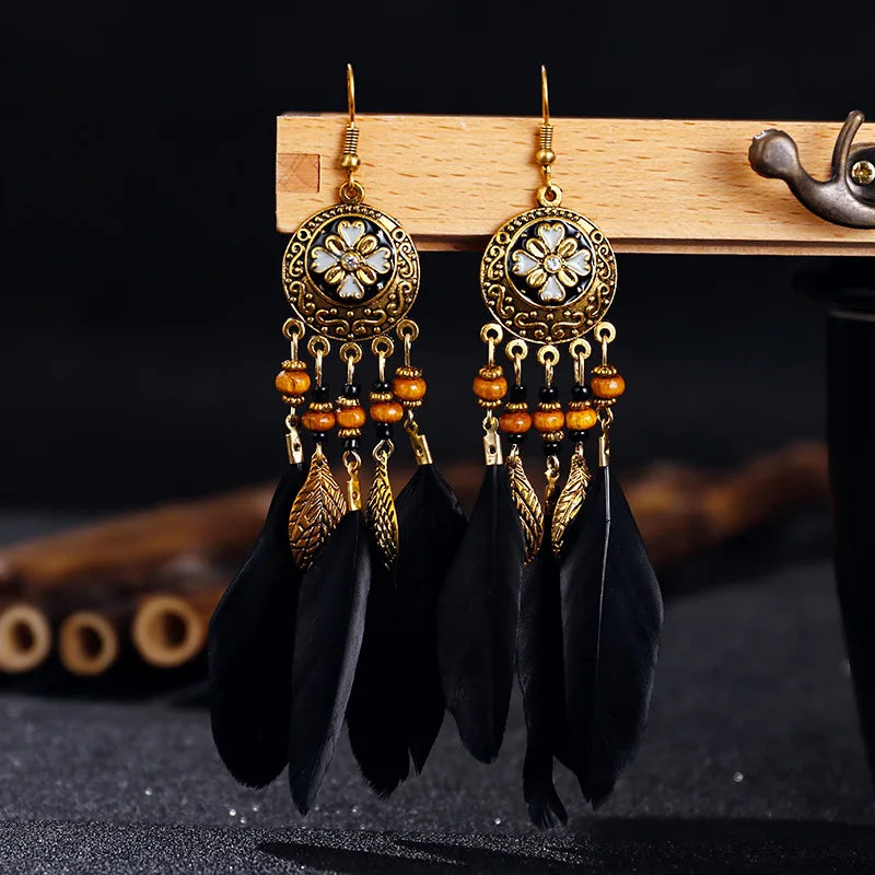 Native Vintage Jewelry Feather Tassel Long Earrings