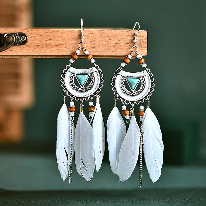 White Semicircle Long Feather Tassel Ladies Earrings