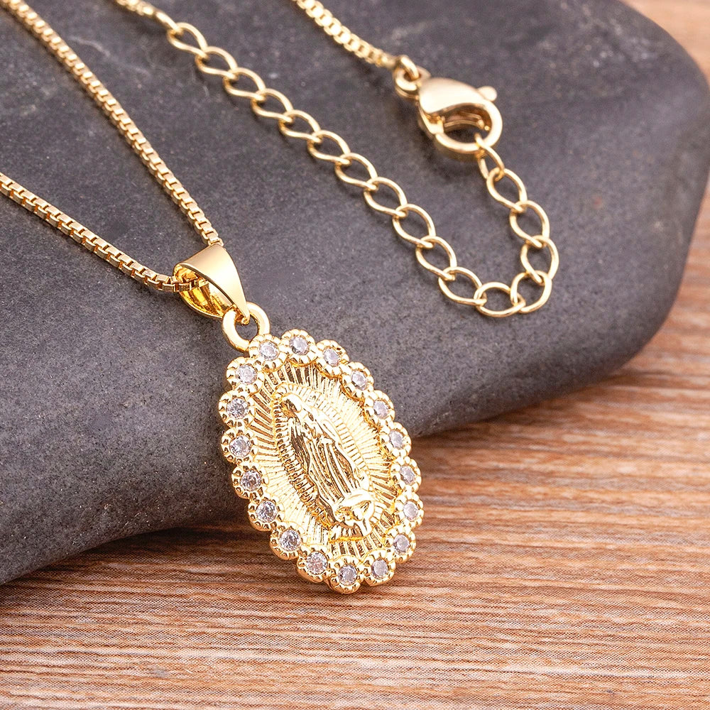 Virgin Mary Copper Zircon Gold Plated Pendant Necklace