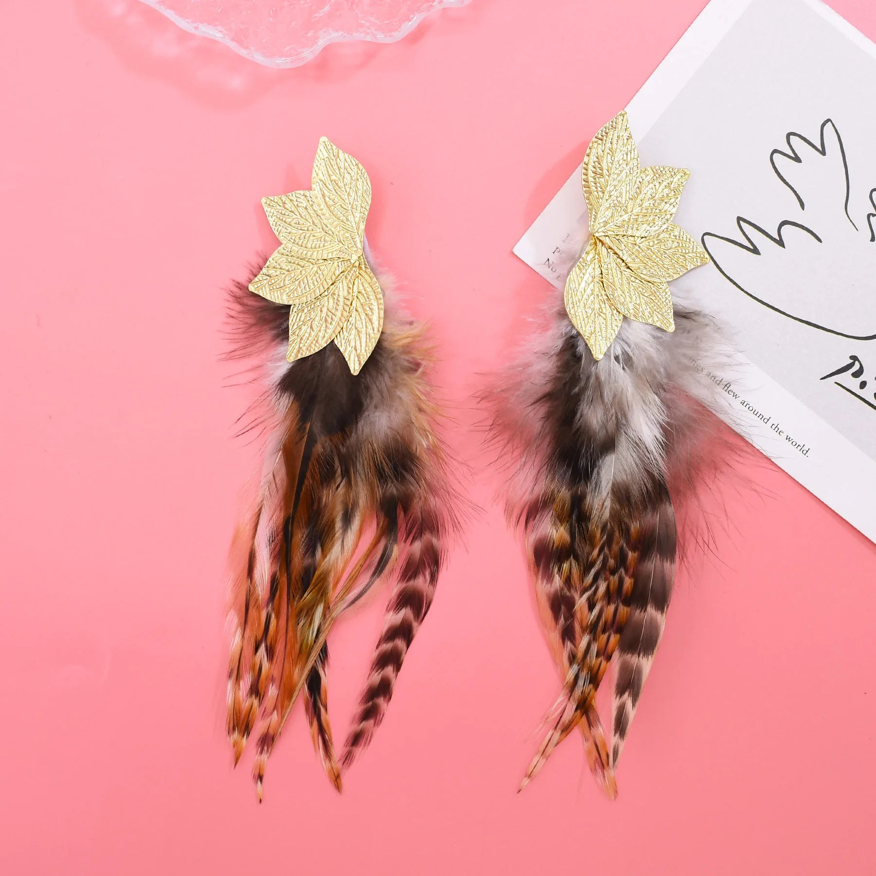 Brown Blue Feather Tassel Earrings