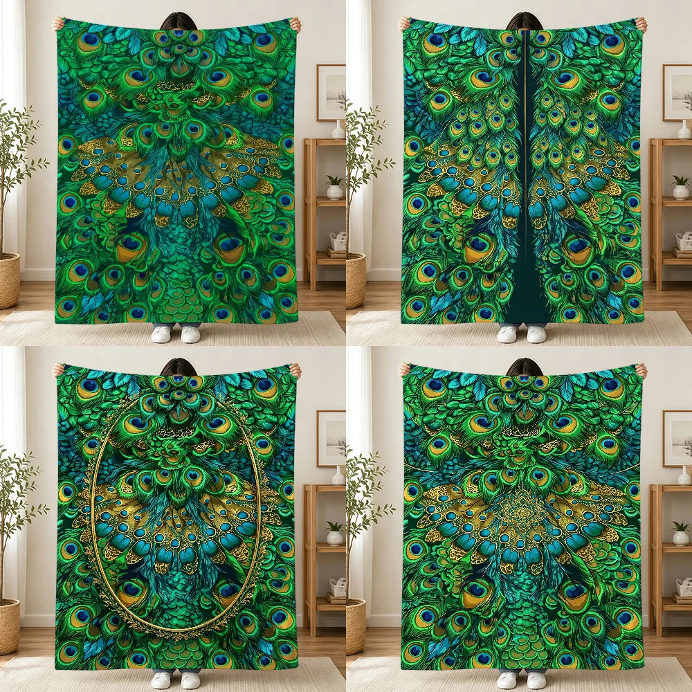 Vintage Green Peacock Feather Blanket