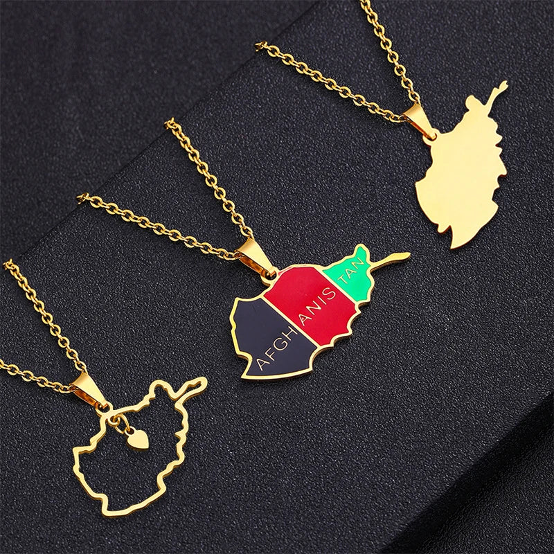 Stainless Steel Afghanistan Map Flag Necklaces