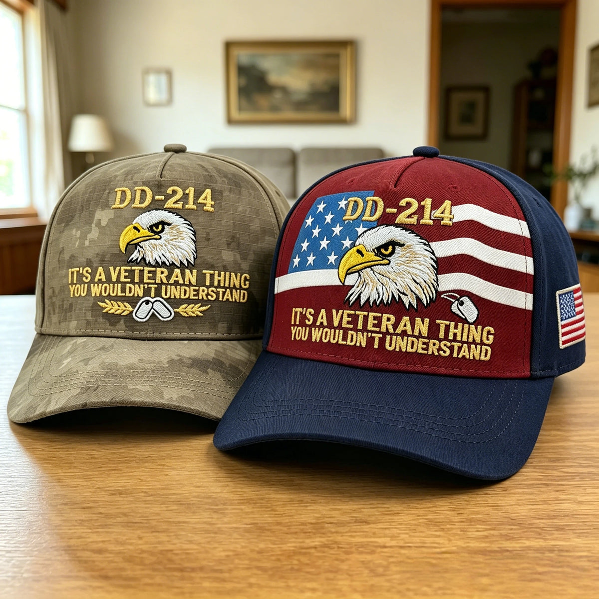 DD-214 Veteran Eagle Trucker Hat American Flag Baseball Cap