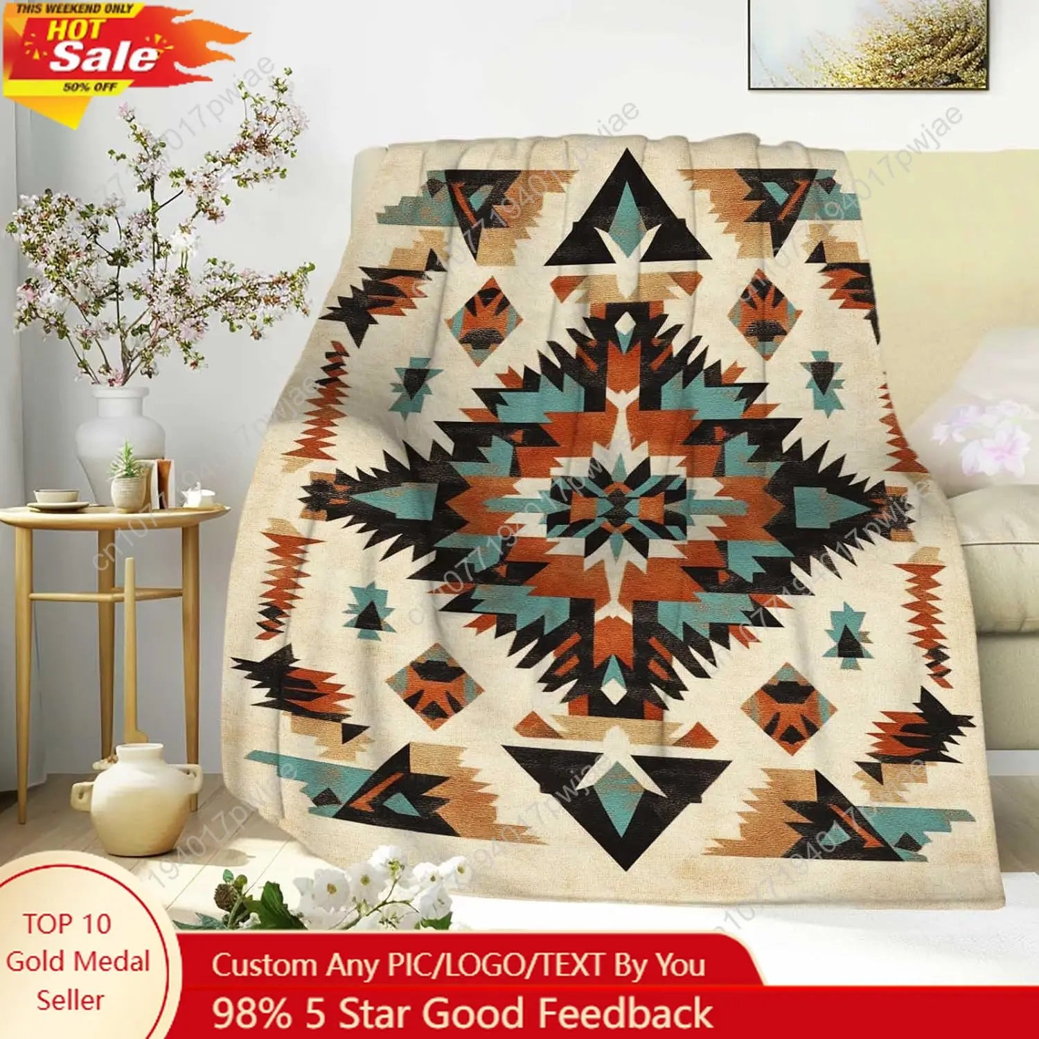 Native American Blanket with Geometric Tribal Patterns