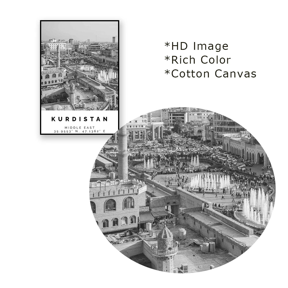 Kurdistan Travel Poster Black and White Vintage Wall Art