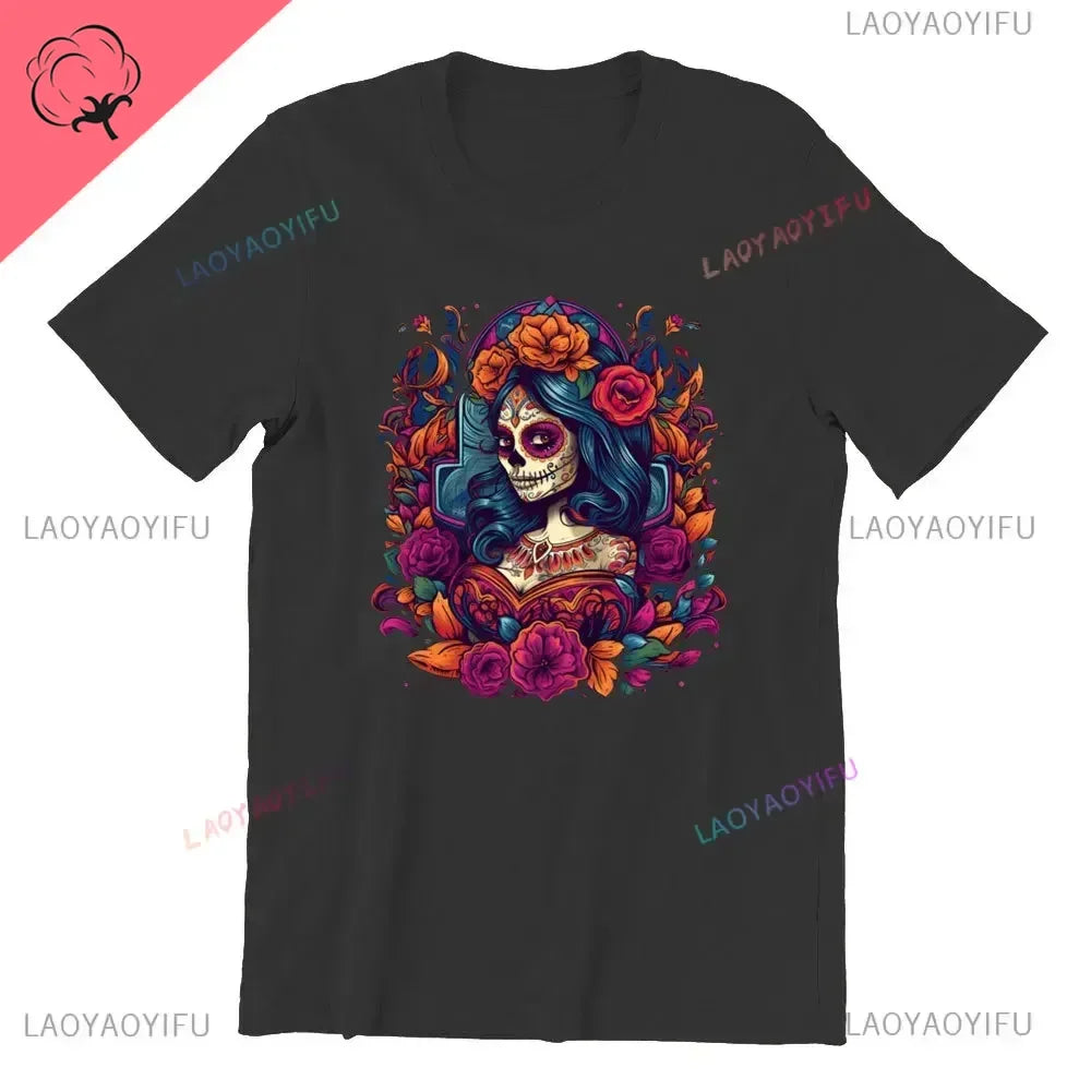 Skull T-Shirt La Catrina Girl with Purple Roses Dia De Los Muertos Day of The Dead