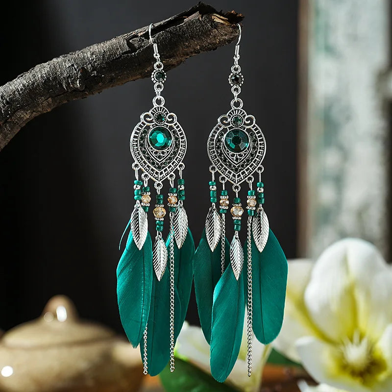 Feather Long Leaf Tassel Drop Earrings
